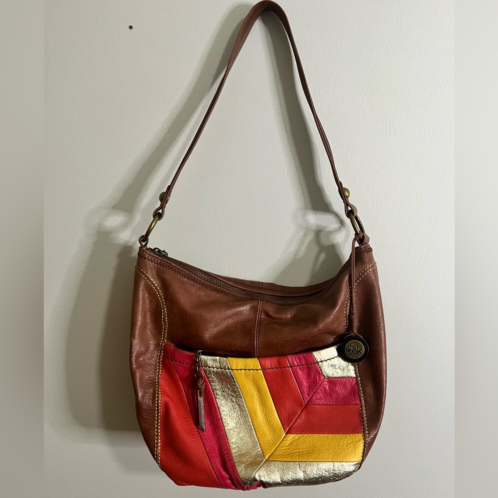 The Sak Brown Patchwork Multi Color Leather Hobo Shoulder Bag Zip Top Pocket Fob